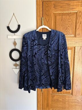 R&M Richards Sparkle Navy and Blue Velvet Paisley Jacket and Navy Pants Set